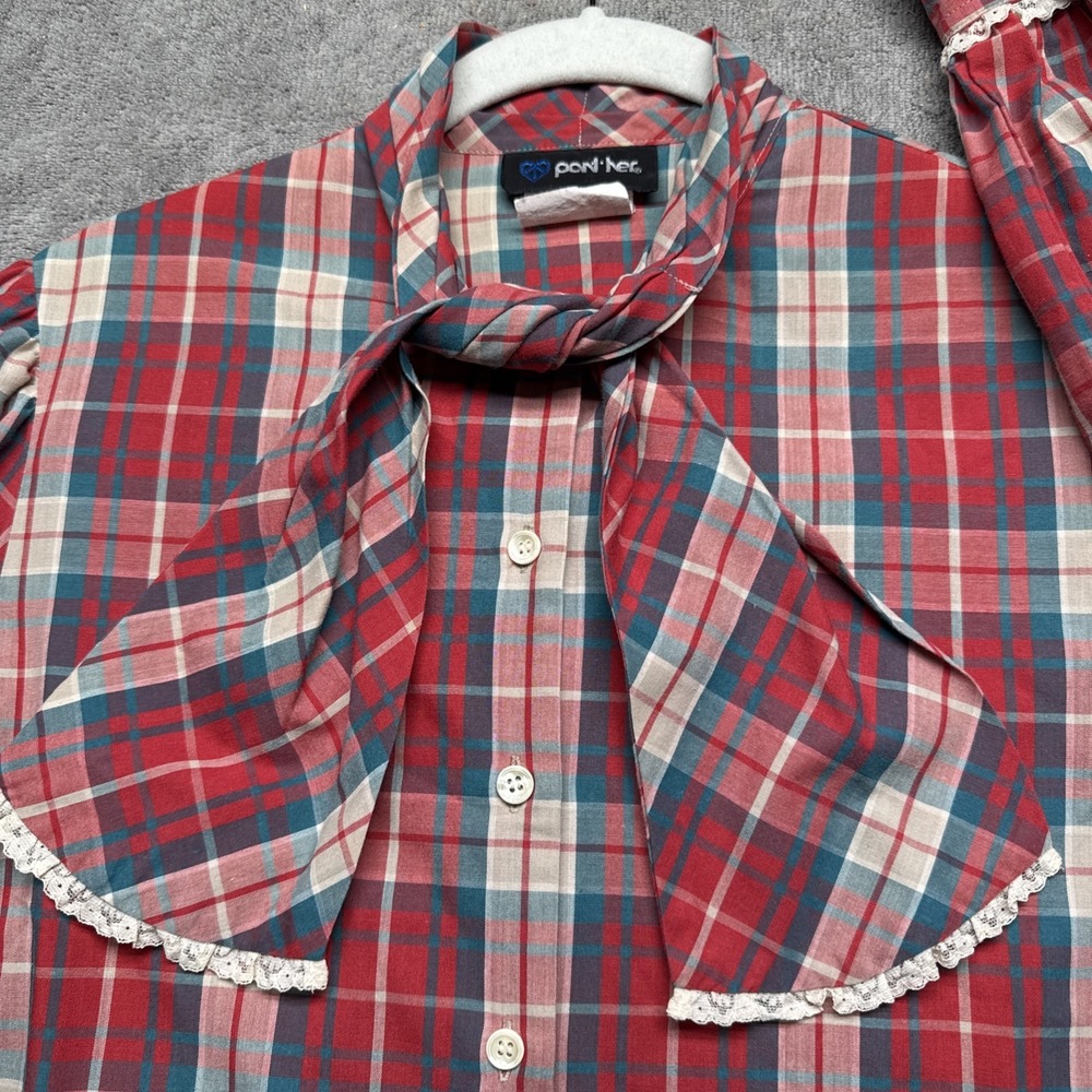Vintage Western Cowgirl Red Tan Plaid Lace Trim Blouse Women's Size M Prairie
